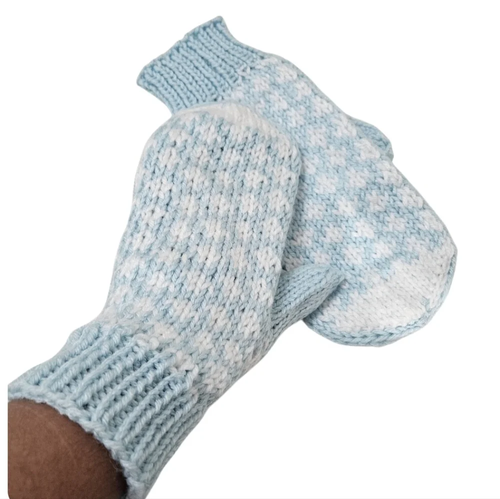 Handmade Blue & White Crochet Mittens with Heart Pattern –Winter Gift Kid's size
